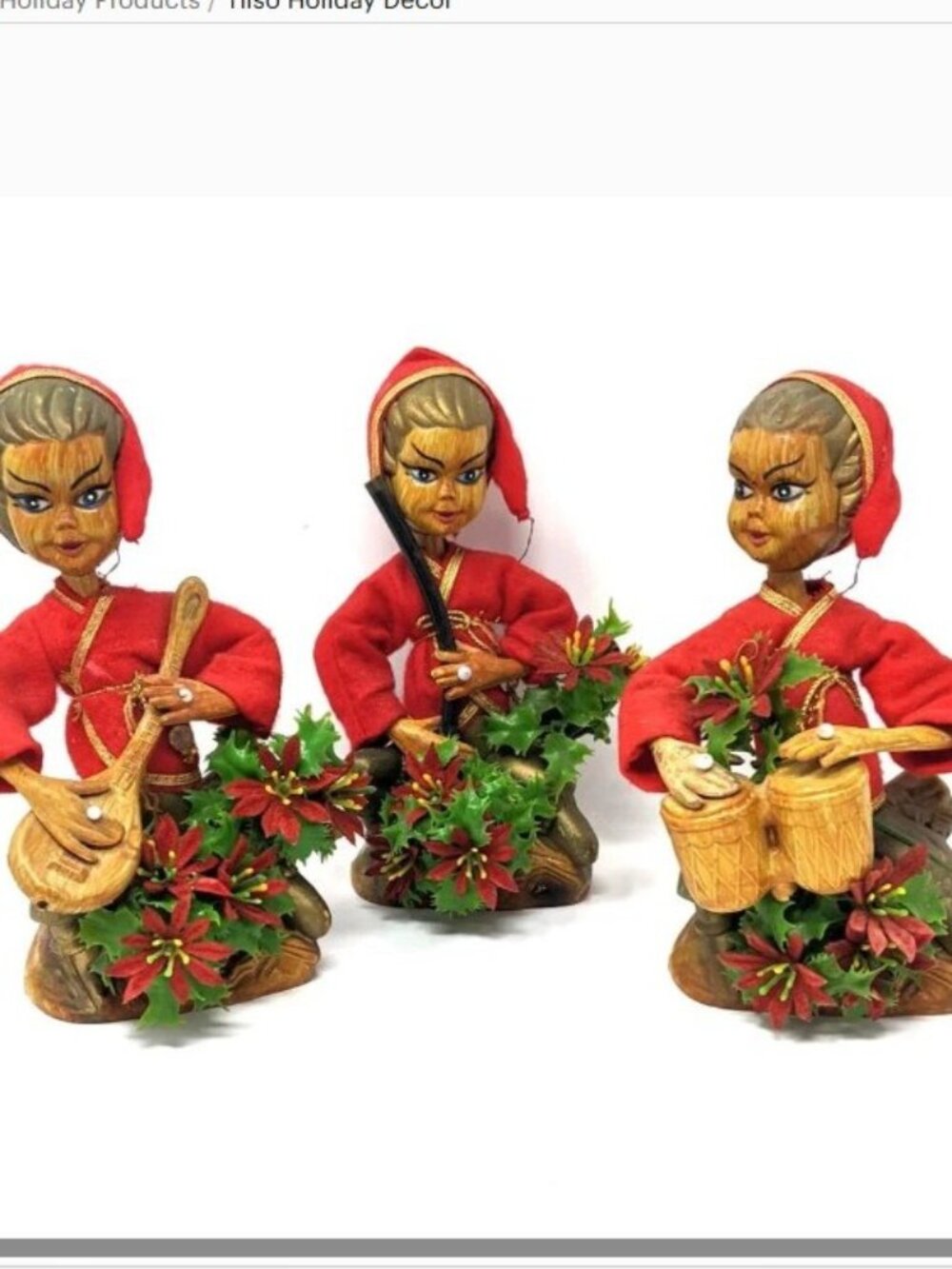 Tilso Set 3 Pixie Elves VTG 60s Asian Christmas Figurine Musicians Hong Kong 7"